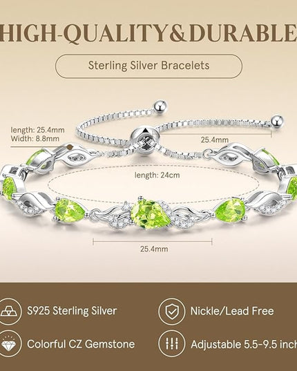 FANCIME Birthstone Teardrop Tennis Bracelet for Women, Sterling Silver 9x7mm main Gemstone Bolo Adjustable Chain Bracelet Fine Jewelry Birthday Gifts for Women Mom Wife Her