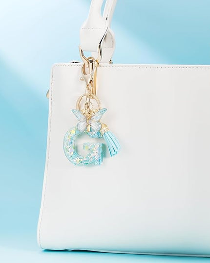 Fashion Alphabet Initial Letter Keychain Tassel Butterfly Pendant Key Ring for Purse Handbags Women Girl