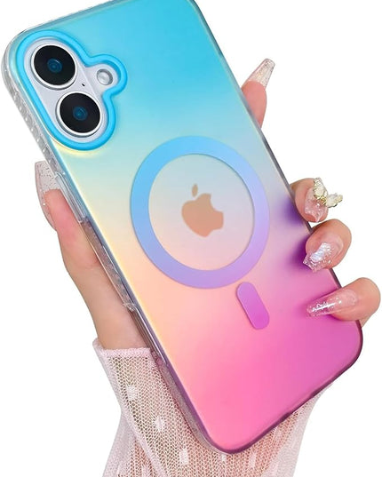 Aesthetic Case for iPhone 17 Case for Women Girls [Compatible with Magsafe] Cute Girly Trendy Glitter Sparkly Rainbow Magnetic Protective Phone Cover, Matte Iridescent Blue & Pink