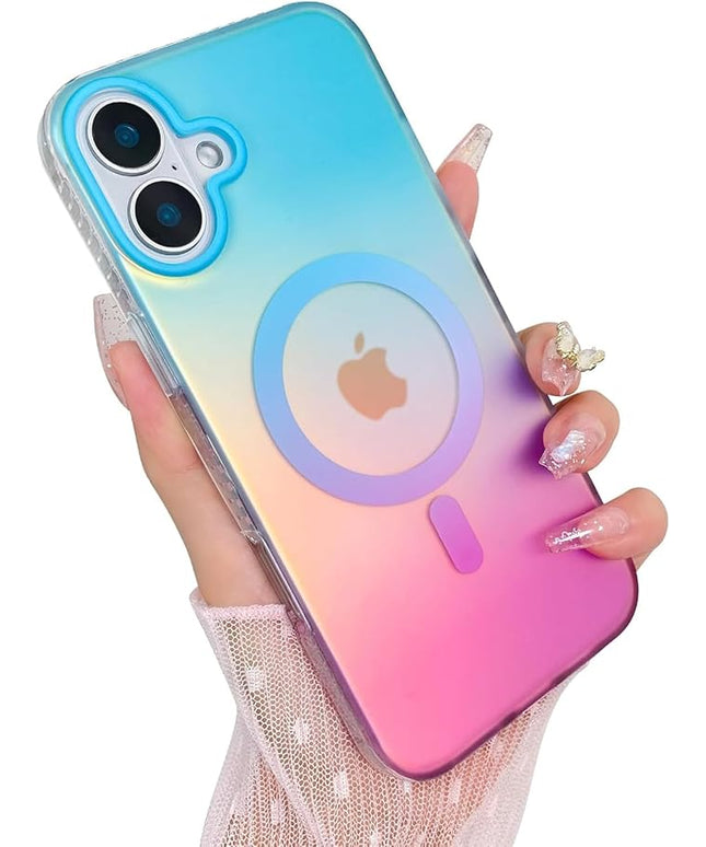 Aesthetic Case for iPhone 17 Case for Women Girls [Compatible with Magsafe] Cute Girly Trendy Glitter Sparkly Rainbow Magnetic Protective Phone Cover, Matte Iridescent Blue & Pink