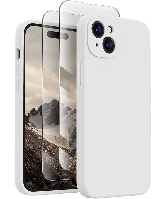 FireNova Designed for iPhone 15 Case, Silicone Upgraded [Camera Protection] Phone Case with [2 Screen Protectors], Soft Anti-Scratch Microfiber Lining Inside, 6.1 inch, White