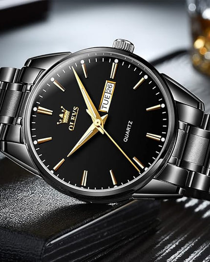 OLEVS Men's Luxury Watch Waterproof Luminous Easy Read Chronograph Watches Full Gold/White Dail/Black Face with Calendar Wristwatch
