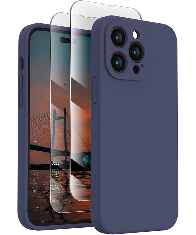 FireNova for iPhone 14 Pro Case, Silicone Upgraded [Camera Protection] Phone Case with [2 Screen Protectors], Soft Anti-Scratch Microfiber Lining Inside, 6.1 inch, Navy Blue