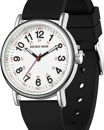 GOLDEN HOUR Waterproof Nurse Watch for Medical Professionals, Students Women Men - Military Time Luminouse Easy Read Dial, 24 Hour with Second Hand, Colorful Silicone Band
