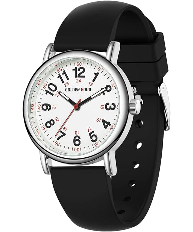 GOLDEN HOUR Waterproof Nurse Watch for Medical Professionals, Students Women Men - Military Time Luminouse Easy Read Dial, 24 Hour with Second Hand, Colorful Silicone Band