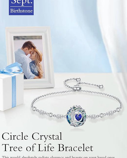 TOUPOP Tree of Life Birthstone Bracelet 925 Sterling Silver Family Tree Austrian Crystal Jewelry Anniversary Birthday Christmas Gifts for Women Wife Girlfriend Her