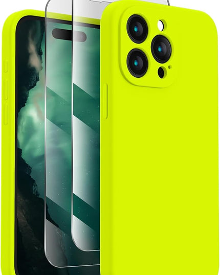 FireNova Designed for iPhone 15 Pro Case, Silicone Upgraded [Camera Protection] Phone Case with [2 Screen Protectors], Soft Anti-Scratch Microfiber Lining Inside, 6.1 inch, Fluorescent Green