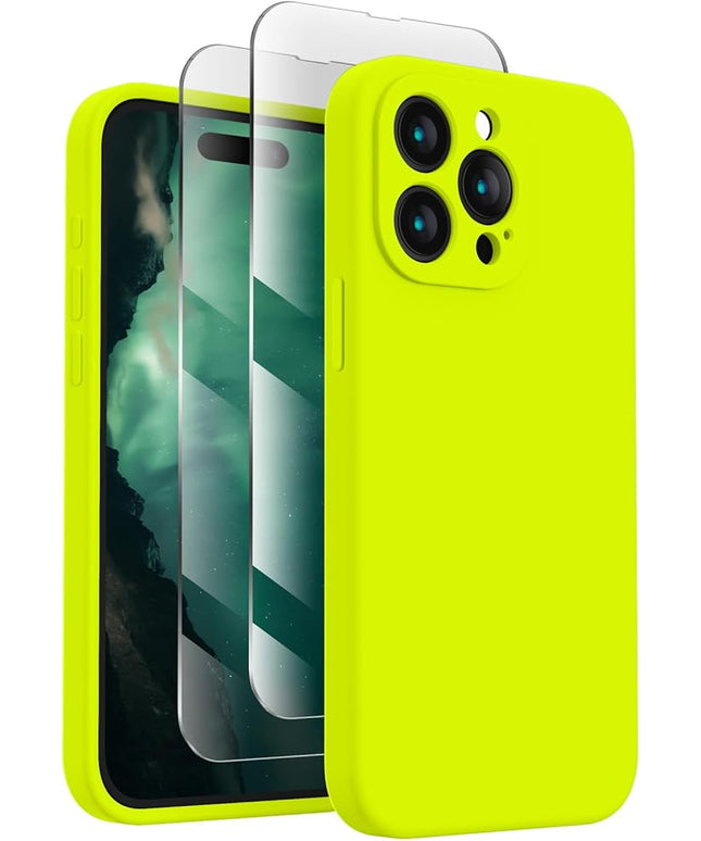 FireNova Designed for iPhone 15 Pro Case, Silicone Upgraded [Camera Protection] Phone Case with [2 Screen Protectors], Soft Anti-Scratch Microfiber Lining Inside, 6.1 inch, Fluorescent Green