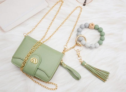 Multi-Purpose Wallet High Capacity Card Holder Zipper Coin Purse with Wristlet Bracelet Keychain Silicone Beaded Bangle Key Ring