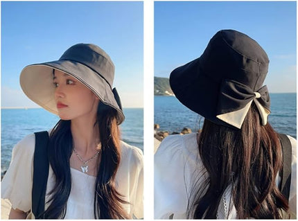 Womens Wide Brim Sun Hats UPF50+ UV Packable Beach Hat Summer Bow Decoration Bucket Cap for Travel
