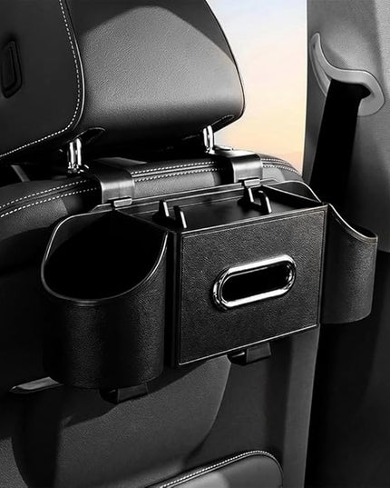 Car Organizer and Storage Box, 4 in 1 Multifunctional with 2 Cup Holders Tissue Box and 2 Hooks, Back Seat Car Organizer, Car Back Seat Storage Organizer (Black)