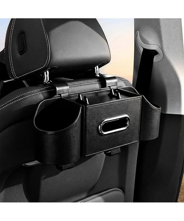 Car Organizer and Storage Box, 4 in 1 Multifunctional with 2 Cup Holders Tissue Box and 2 Hooks, Back Seat Car Organizer, Car Back Seat Storage Organizer (Black)