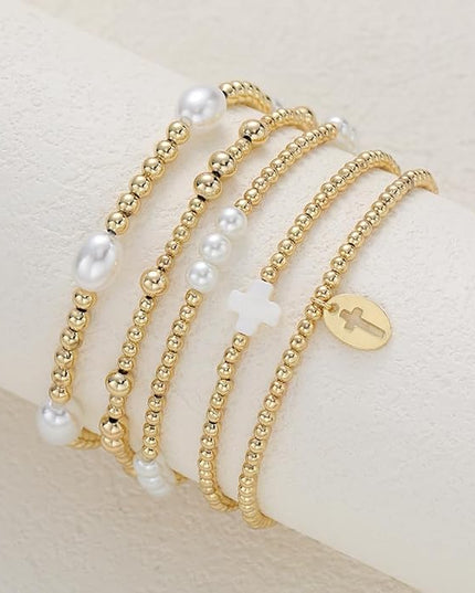Gold Beaded Bracelets for Women, 14K Real Gold Plated Jewelry for Women Dainty Pearl Bead Bracelets Stack, Non Tarnish Trendy Stackable Ball Cross Stretch Bracelet Set Fashion Accessories Gifts