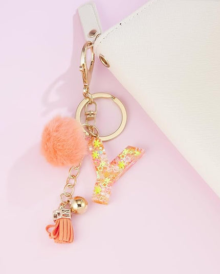 Resin Alphabet Initial Letter Keychain Keyring for Women Purse Handbags With Fur Ball Pom