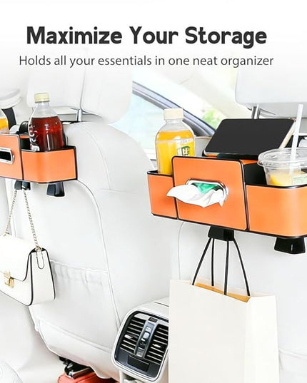 Multifunctional Car Seat Back Storage Box, 2026 New Seat Back Bag, Car Seat Tissue Box and Storage Box with 2 Cup Holders, Universal Back Seat Car Organizer for Organizer (Orange)
