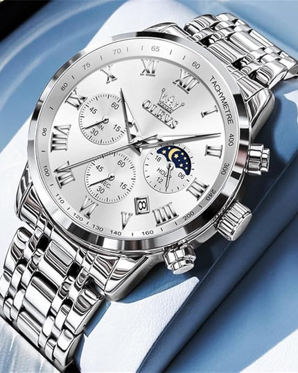 OLEVS Mens Watch Luxury Big Face Stainless Steel Analog Quartz Multifunctional Waterproof Luminous Date Two Tone Fashion Dress Wrist Watches for Man