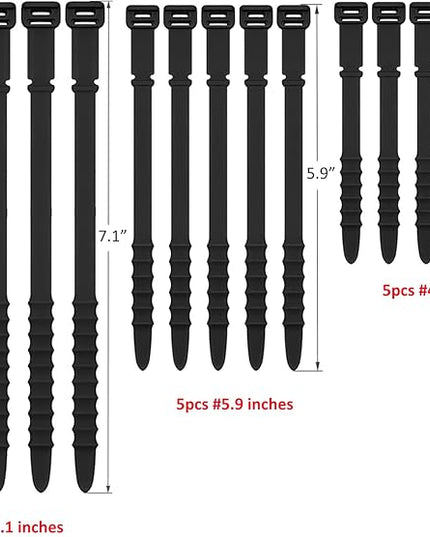 Silicone Zip Ties, Reusable Zip Ties, Rubber Cable Ties Straps for Wire Management, Elastic Silicone Ties Cable Organizer for Home Office, Cord Ties in Three Sizes 4.5" 5.9" and 7.1" (5+5+5 Pcs Black)