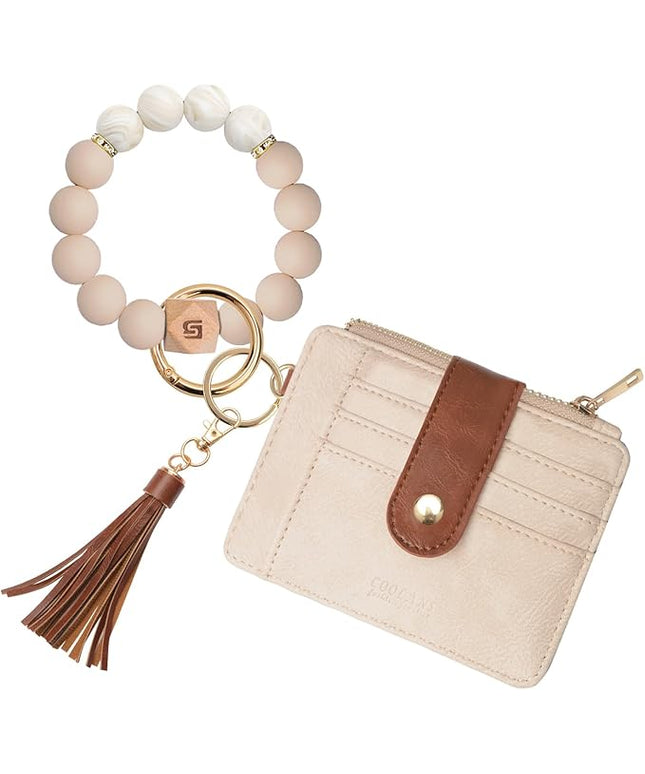 COOLANS Silicone Bracelet Wristlet Wallet Credit Card Holder RFID,ID Window,Key Ring Tassel,Slim Wallet Women Keychain Purse