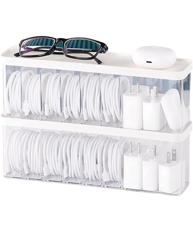 Charger Cable Cord Storage Organizer Box - 2 Pack With Lid - Easy Storage Without Cable Ties