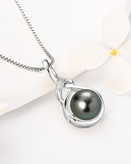 Tahitian Black Pearl Necklaces for Women, Sterling Silver Single Pearl Pendant Necklace Birthday Anniversary Jewelry Gifts for Wife Mom