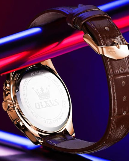 OLEVS Men's Watches Leather Strap Analog Quartz Watch, Fashion Big Dial Date Waterproof Watch, Dress Luxury Luminous Men Watches