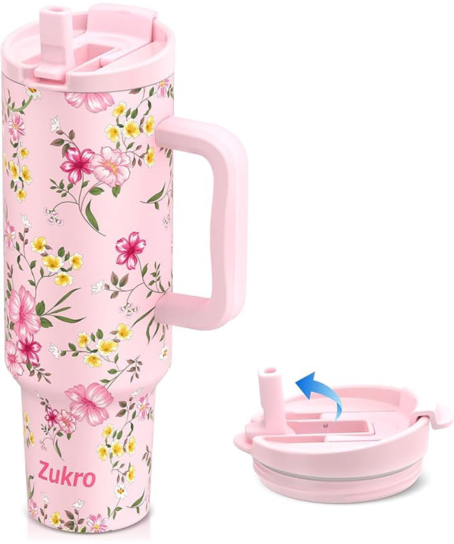 Zukro 50 oz Tumbler With Handle and Flip Straw, Leak Proof Lid, Insulated Stainless Steel Reusable Gym Water Bottle, Large Travel Cup Fit in Cupholder, BPA-Free, Gift for Women Her, Floral