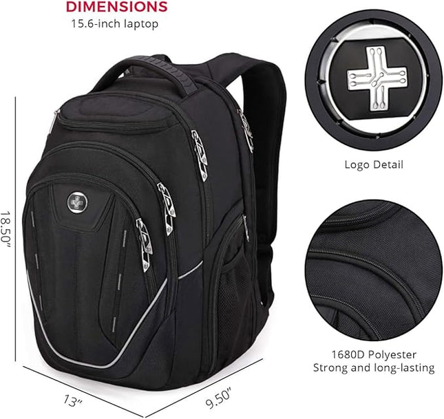 Swissdigital Design Large Travel Backpack For Men, TSA-Friendly Business Laptop Backpack, USB Charging Port，RFID Protection Tech Backpack Fits 15.6Inch Laptop Black/Grey | J16BTF-02