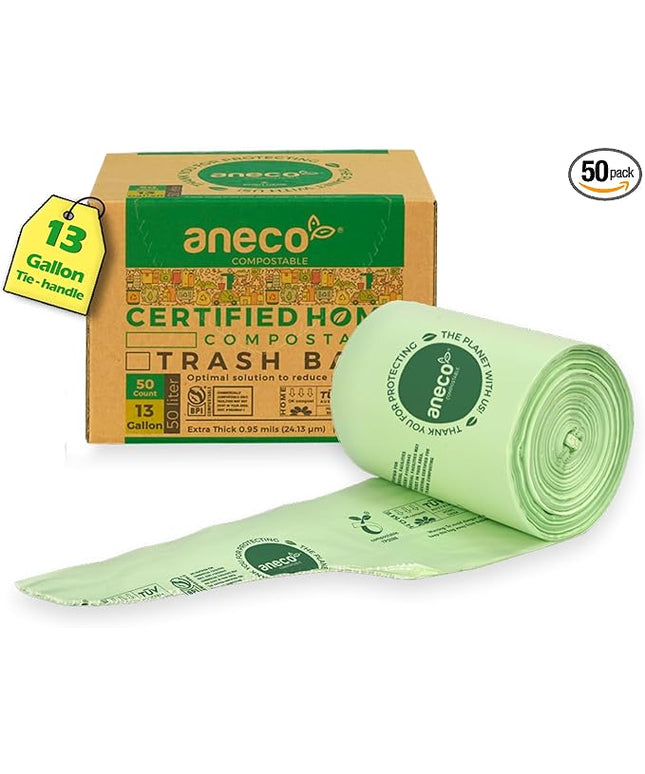 ANECO Compostable Food Waste Bags 13 Gallon, 50 Count, Extra Thick Kitchen Compost Bags With Handles, Large Compostable Bags for Tall Kitchen Bin