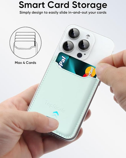 TopMade Phone Card Holder, Premium Leather Phone Wallet Stick on, Stronger 3M Adhesive Credit Card Holder for Back of Phone Case, iPhone, Samsung, and Android, RFID Blocking, Fit 4 Cards, Green
