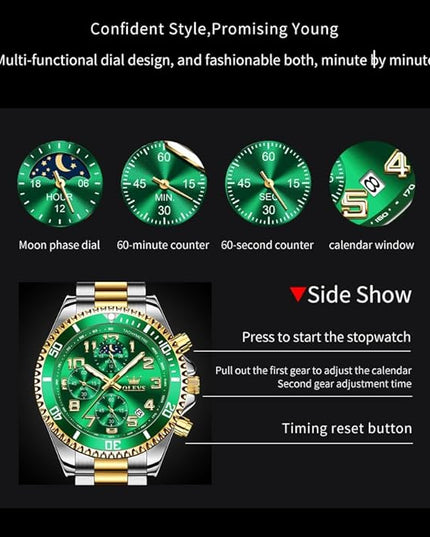OLEVS Mens Watches Chronograph Watch Luxury Dress Stainless Steel Waterproof Watches for Men Moon Phase Luminous Business Calendar Wrist Watch Blue/Black/Green/Gold/Face