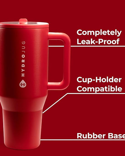 HydroJug Traveler - 40 oz Water Bottle with Handle & Flip Straw - Fits in Cup Holder, Leak Resistant Tumbler-Reusable Insulated Stainless Steel & Rubber Base - Gifts for Women & Men, Alumni Red
