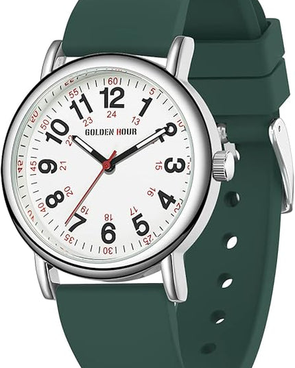 GOLDEN HOUR Waterproof Nurse Watch for Medical Professionals, Students Women Men - Military Time Luminouse Easy Read Dial, 24 Hour with Second Hand, Colorful Silicone Band