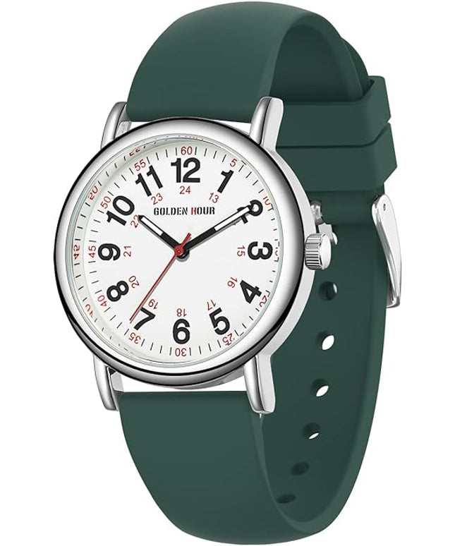 GOLDEN HOUR Waterproof Nurse Watch for Medical Professionals, Students Women Men - Military Time Luminouse Easy Read Dial, 24 Hour with Second Hand, Colorful Silicone Band