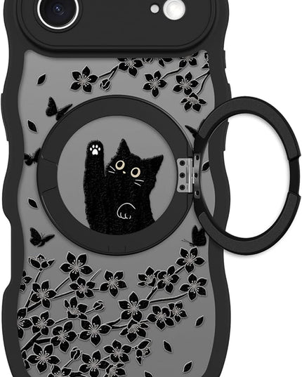Wavy Case for iPhone Air Case with Stand [Compatible with MagSafe] Cute Black Cat & Floral & Butterflies Pattern Design, Kawaii 360 Magnetic Ring Kickstand Phone Cover for Women Girls