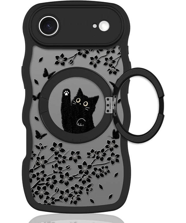 Wavy Case for iPhone Air Case with Stand [Compatible with MagSafe] Cute Black Cat & Floral & Butterflies Pattern Design, Kawaii 360 Magnetic Ring Kickstand Phone Cover for Women Girls