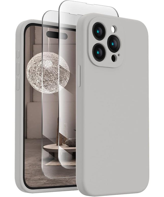 FireNova Designed for iPhone 15 Pro Max Case, Silicone Upgraded [Camera Protection] Phone Case with [2 Screen Protectors], Soft Anti-Scratch Microfiber Lining Inside, 6.7 inch, Natural Titanium