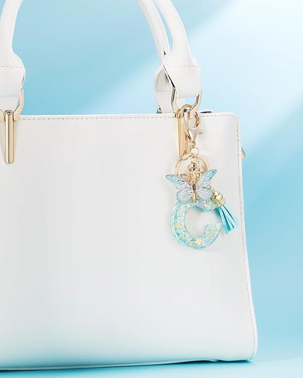 Fashion Alphabet Initial Letter Keychain Tassel Butterfly Pendant Key Ring for Purse Handbags Women Girl