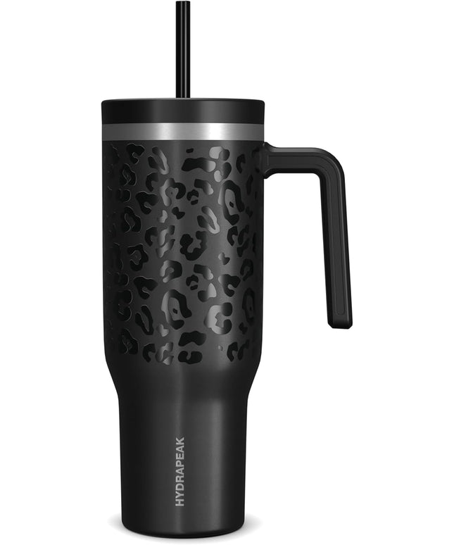 Hydrapeak Voyager 40 Oz Stainless Steel Tumbler with Handle, Insulated Water Bottle With Straw & Lid, Cupholder Friendly Reusable Travel Mug (Black Leopard)