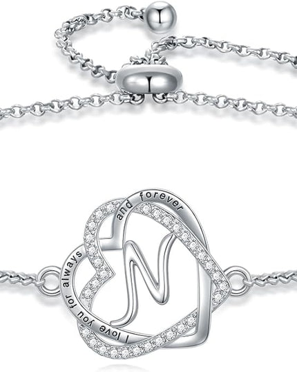 TOUPOP Gifts for Women Heart Initial Bracelet 925 Sterling Silver Double Heart Bracelet Birthday Jewelry Birthday Christmas Gifts for Her Wife Girlfriend