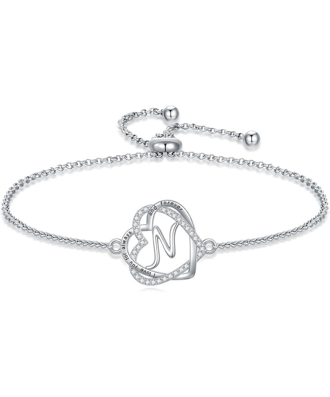 TOUPOP Gifts for Women Heart Initial Bracelet 925 Sterling Silver Double Heart Bracelet Birthday Jewelry Birthday Christmas Gifts for Her Wife Girlfriend