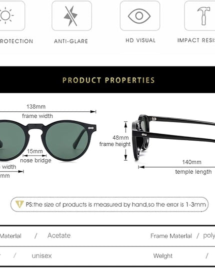 Gleyemor Vintage Polarized Sunglasses for Men Round Sunglasses UV400 Protection Retro Hand-crafted Acetate Frame