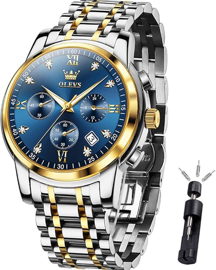 OLEVS Men's Luxury Watch Waterproof Luminous Easy Read Chronograph Watches Full Gold/White Dail/Black Face with Calendar Wristwatch