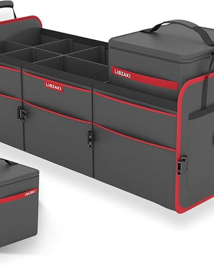 LIBZAKI Car Trunk Organizer,3 Compartments Big Trunk Storage, Large Capacity, Foldable, 95L Heavy Duty Storage Box for Car, SUV, Truck,Jeep, Includes 26L Cooler Bag-Black