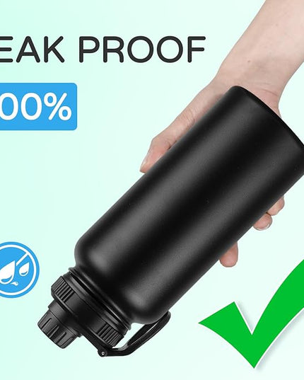 DOMICARE 32 oz Insulated Water Bottle, Vacuum Insulated Stainless Steel Sports Water Bottle with Straw Lid & Spout Lid, Leakproof, Reusable - Travel, Camping, Bike, Black