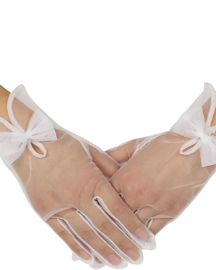 QRBTSCL Women's Short Tea Party Gloves Tulle Gloves with Bowknot Mesh Glove Wedding Bridesmaids Evening Party Glove