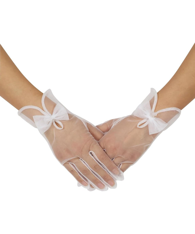 QRBTSCL Women's Short Tea Party Gloves Tulle Gloves with Bowknot Mesh Glove Wedding Bridesmaids Evening Party Glove