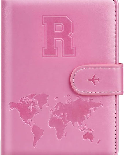 Passport Holder Cover Initail Letter A-Z Travel Wallet Embossed Design RFID Blocking Card Holder Personalized Gift Passport Cover Wallet, Passport Book Holders for Women and Girls, Pink-R