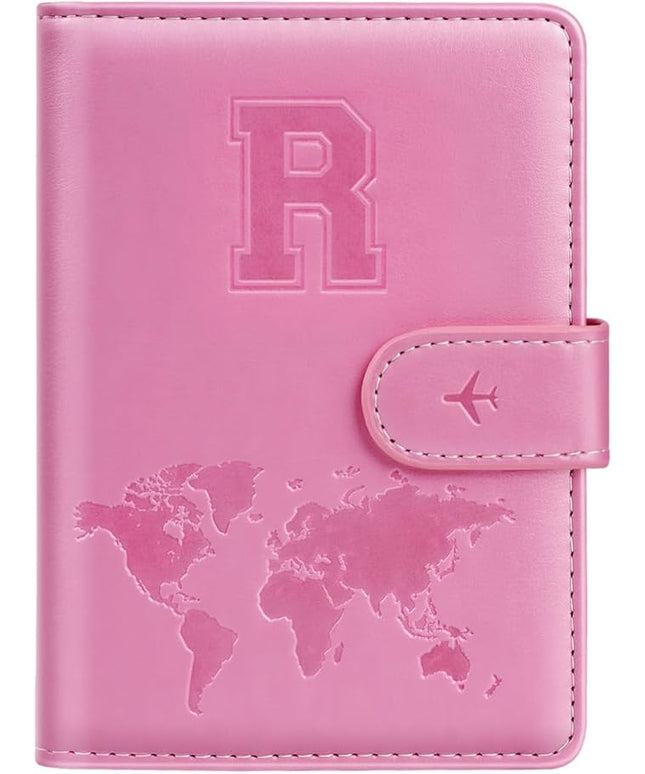 Passport Holder Cover Initail Letter A-Z Travel Wallet Embossed Design RFID Blocking Card Holder Personalized Gift Passport Cover Wallet, Passport Book Holders for Women and Girls, Pink-R