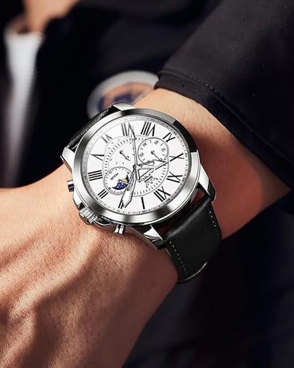 OLEVS Men's Watches Leather Strap Analog Quartz Watch, Fashion Big Dial Date Waterproof Watch, Dress Luxury Luminous Men Watches