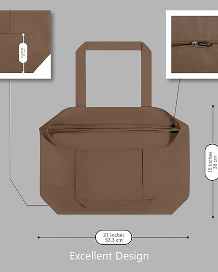 TOPDesign 1-Pack Canvas Tote Bag with an External Pocket, Reusable Grocery Shopping Bag, Top Zipper Closure, Daily Essentials (Brown)